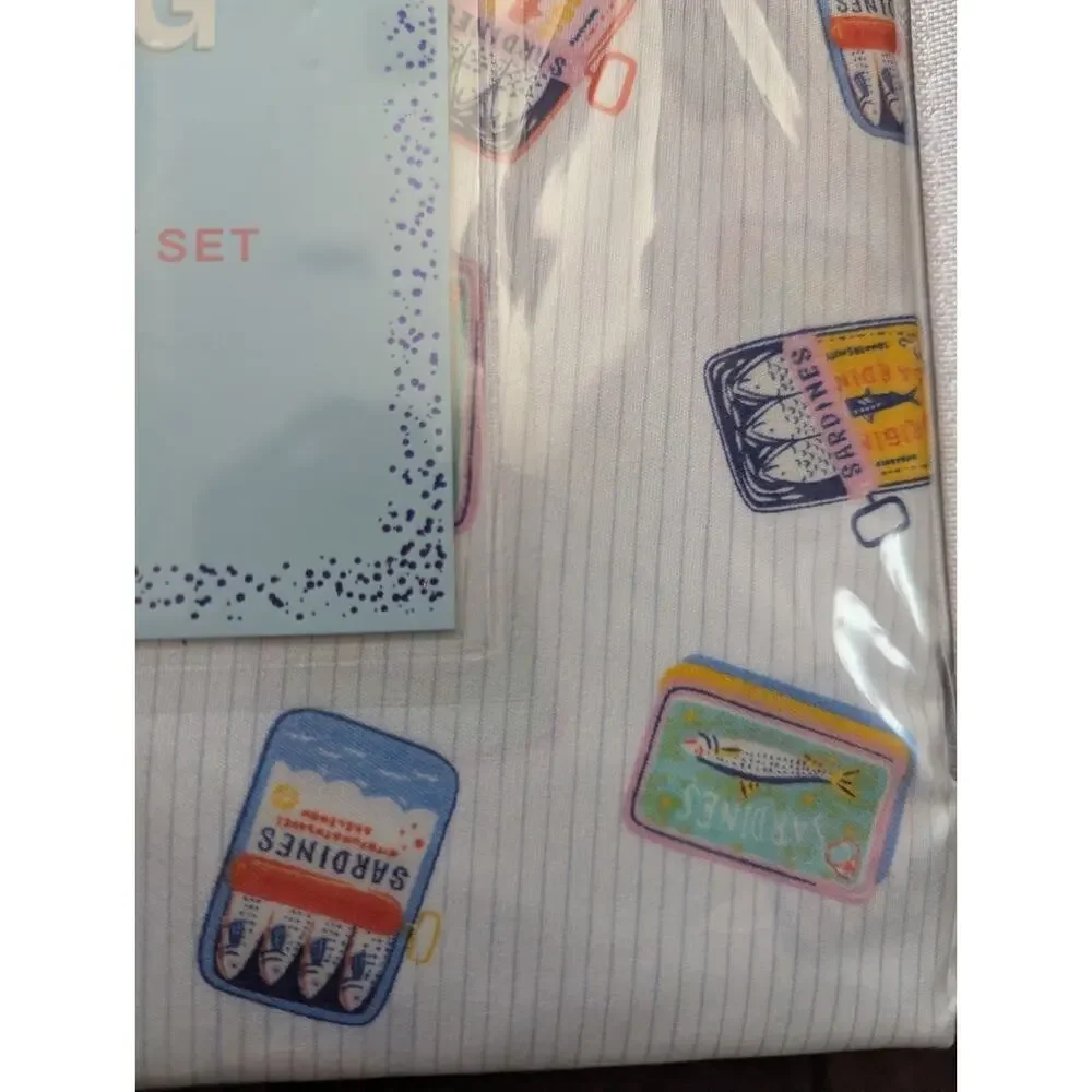 Charming House Full Sheet Set 6 Pc Sardine Tin Can Print Blue White Oeko Tex New